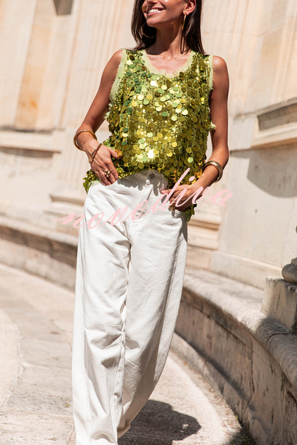 Fashionable Sequined Round Neck Sleeveless Loose Vest