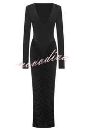 Sexy See-through Long-sleeved V-neck Pleated Slim-fit Maxi Dress