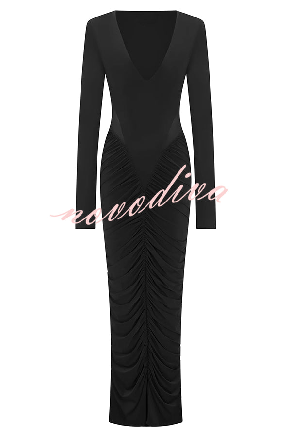Sexy See-through Long-sleeved V-neck Pleated Slim-fit Maxi Dress