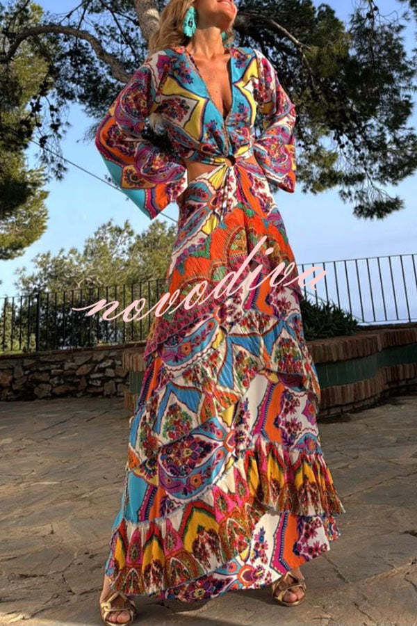 Colorful Day Unique Print Bell Sleeve Cutout Waist Layered Maxi Dress