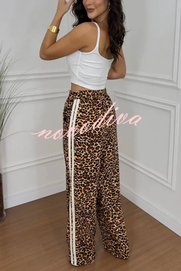 Sporty Fashion Leopard Stripe Print Elastic Waist Pocketed Wide Leg Pants