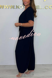Solid Color V-neck Short-sleeved Waist-tied Loose Casual Jumpsuit