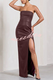 Sexy Meaning Faux Leather Strapless Bandeau Split Maxi Dress