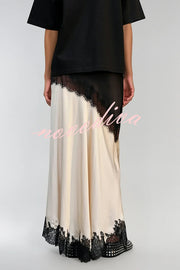 Party Focus Contrast Color Satin Lace Trim Elastic Waist Front Slit Maxi Skirt