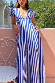 Indulge in Timeless Striped Print Puff Sleeve Pocketed Wavy Maxi Dress