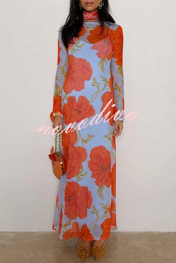 Perfect Cross-season Mesh Poppy Flower Print Long Sleeve Stretch Maxi Dress