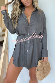 Solid Color Long Sleeve Button Casual Shirt-Style Rompers