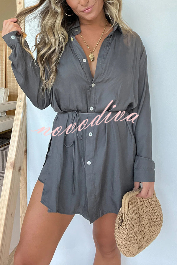 Solid Color Long Sleeve Button Casual Shirt-Style Rompers