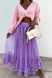 Elegant Tulle Stretch Waist Paneled Pleated Maxi Skirt