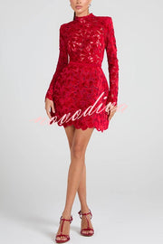 Lydia Embroidered Floral Lace Long Sleeve Belt Tulip Shaped Mini Dress