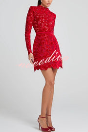 Lydia Embroidered Floral Lace Long Sleeve Belt Tulip Shaped Mini Dress