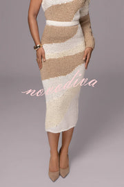 Soft Autumn Knit Colorblock High Rise Elastic Waistband Stretch Midi Skirt