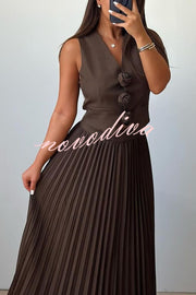 Stylish Rosette Sleeveless Tank Top and Pleated Maxi Skirt Set