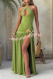 Solid Color Halter Neck Backless Slim Fit Pleated Slit Maxi Dress