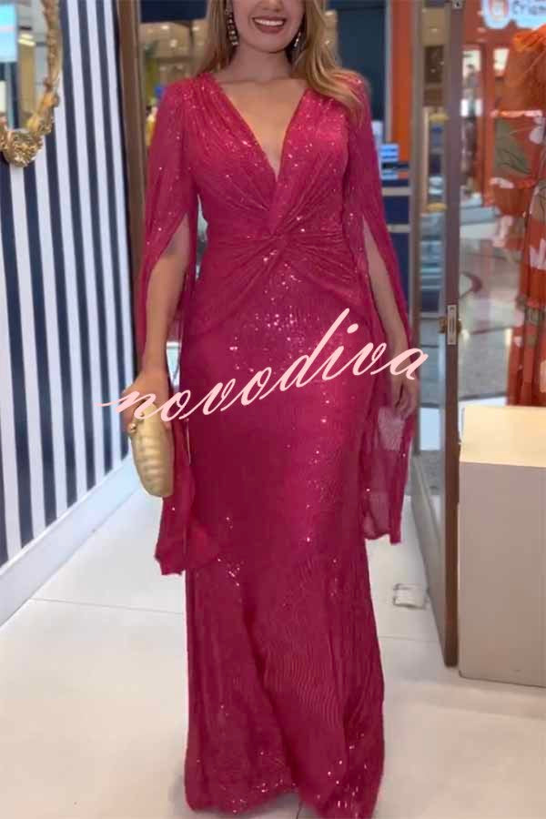 Shine Brighter Sequin Cape Sleeve Cross Waist Evening Maxi Dress