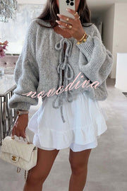 Solid Color Long-sleeved V-neck Lace-up Loose Knitted Sweater