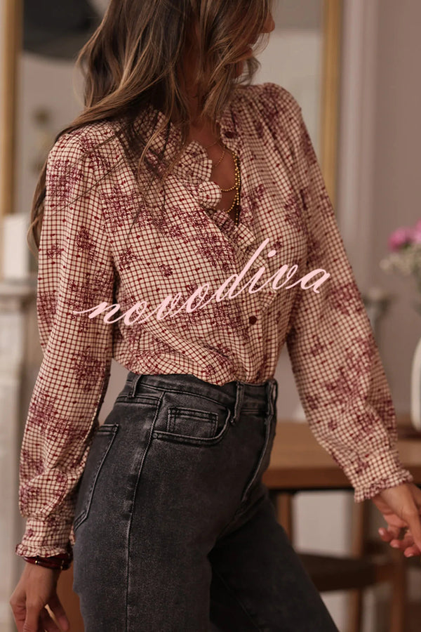 Plant Plaid Printed Long-sleeved Ruffles Casual Shirt