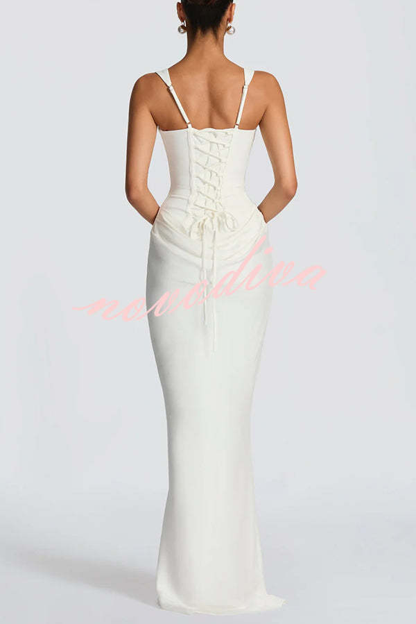 Larrah Square Neck Back Lace-up Satin Drape Hem Maxi Dress