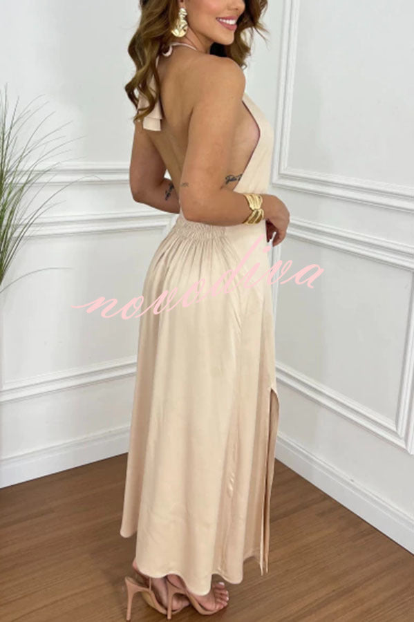 Chasing Sunlight Halter Tassle Backless Slit A-line Maxi Dress