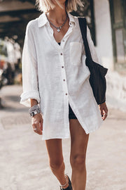 Go To The Beach Linen Blend Pocketed Long Sleeve Oversized Shirt