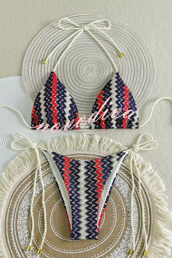 Knit Wave Unique Print Stretch Tie Bikini Swimsuit