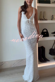 Festival Shines Sequin Beaded Mesh Bow Cutout Detail Slit Maxi Dress