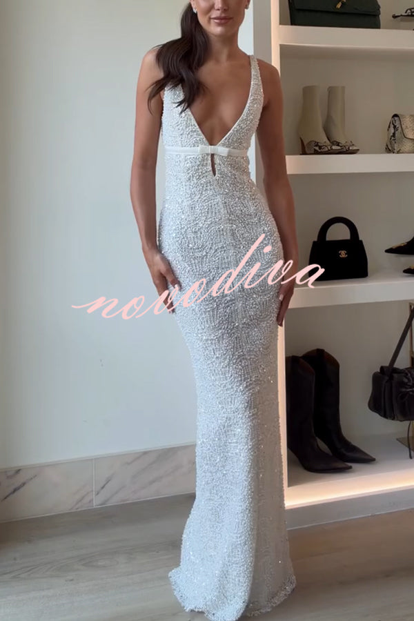 Festival Shines Sequin Beaded Mesh Bow Cutout Detail Slit Maxi Dress