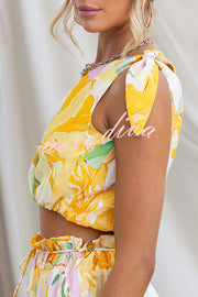 Soleila Floral Print One Shoulder Tie-up Crop Top and Elastic Waist Pocket Loose Pants Set