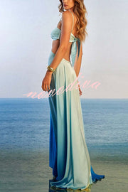 Joceline Satin Gradient Print Metal Decoration Cutout Back Tie-up Vacation Maxi Dress