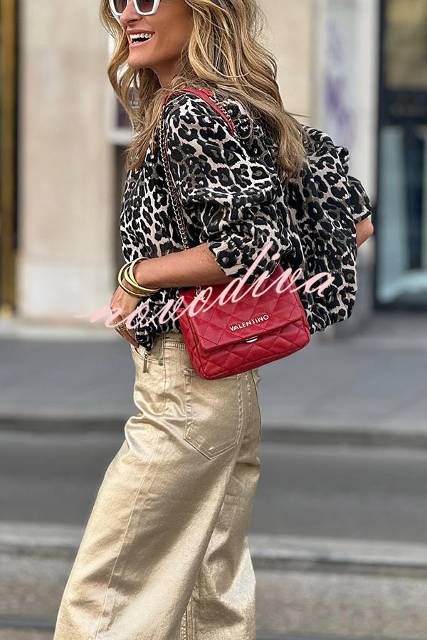 Fashionable Lifestyle Leopard Print Long Sleeve Pocket Bomber Jacket