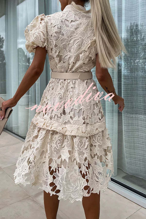 Absolutely Elegant Floral Crochet Lace Puff Sleeve Belted Shirt Midi Dress