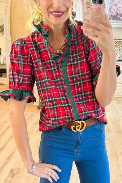 Plaid Print Ruffled Puff Sleeve Casual Shirt
