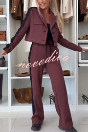 Fashion Lace Panel Long-sleeved Crop Top and Elastic Waist Tie Pocket Casual Pants Set