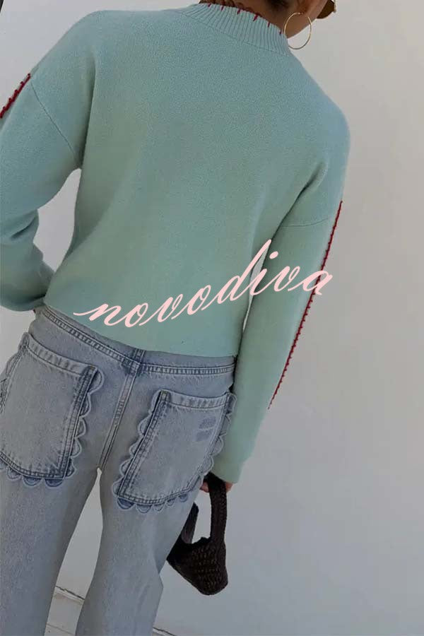 Coastal Fashion Knit Octopus Graphic Contrast Piping Button Up Loose Cardigan