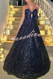 Sparkling Sky Sequin Satin Bow Detail Off Shoulder Prom Maxi Dress