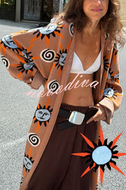 Mediterranean Art Knit Unique Sun Vortex Print Bell Sleeve Long Cardigan