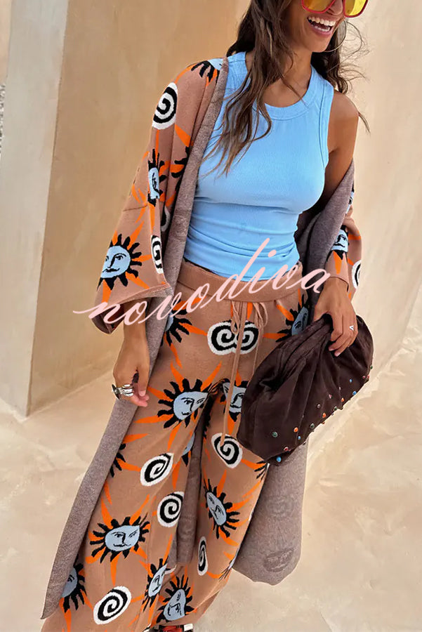 Mediterranean Art Knit Unique Sun Vortex Print Bell Sleeve Long Cardigan