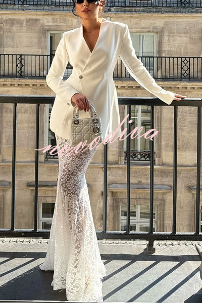 Poetic Muse Floral Lace High Rise Elastic Waist Fishtail Hem Maxi Skirt