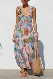 Unique Printed V-neck Ruffled Straps Pleated Back Maxi Dress