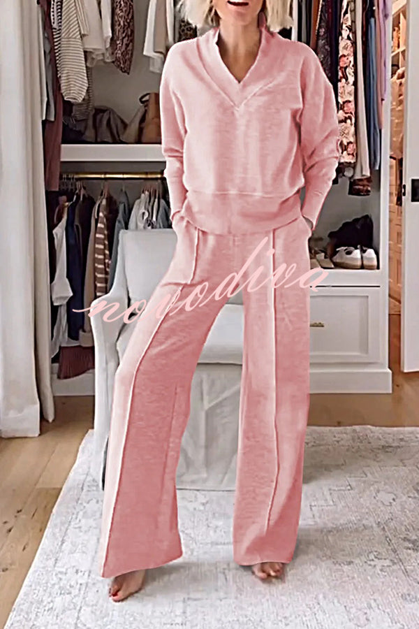 Weather Gets Cold Solid Color V-neck Top and Elastic Waist Pocketed Lounge Pants Set