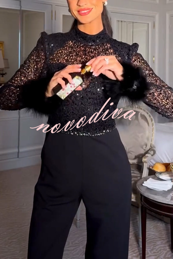 Aerie Sequin Embellished Mock Neck Long Sleeve Feather Cuff Flare Jumpsuit