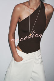 Fashion Slim-fit One-shoulder Stretch Bodysuit and Casual Side-slit Pants Set