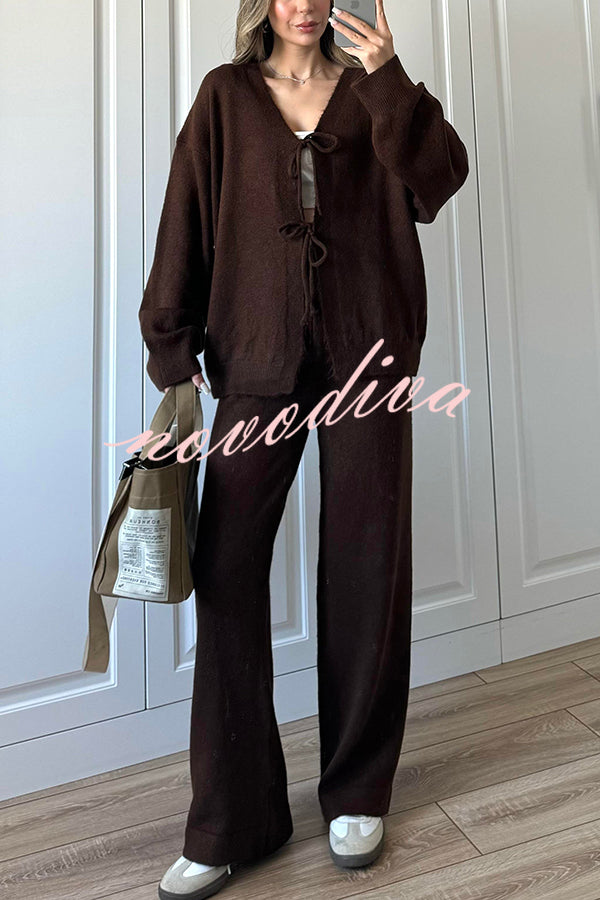 Solid Color V-neck Tie Long-sleeved Loose Knit Cardigan and Elastic Waist Casual Straight Leg Pants Set