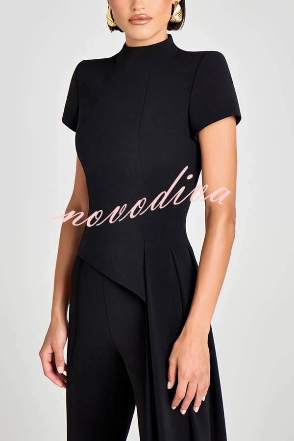 Pippa High Neck Short Sleeve Irregular Drape Hem Top and Elastic Waist Flare Pants Set