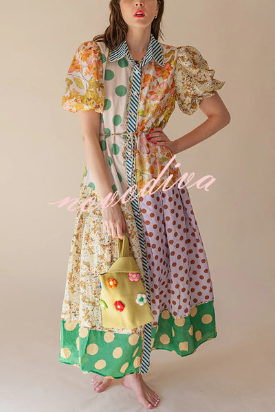 Linen Blend Unique Print Lapel Puff Sleeve Casual Midi Dress