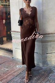 Wonderful Fusion Satin Lace Trim Poka Dot V-neck Drape Maxi Dress