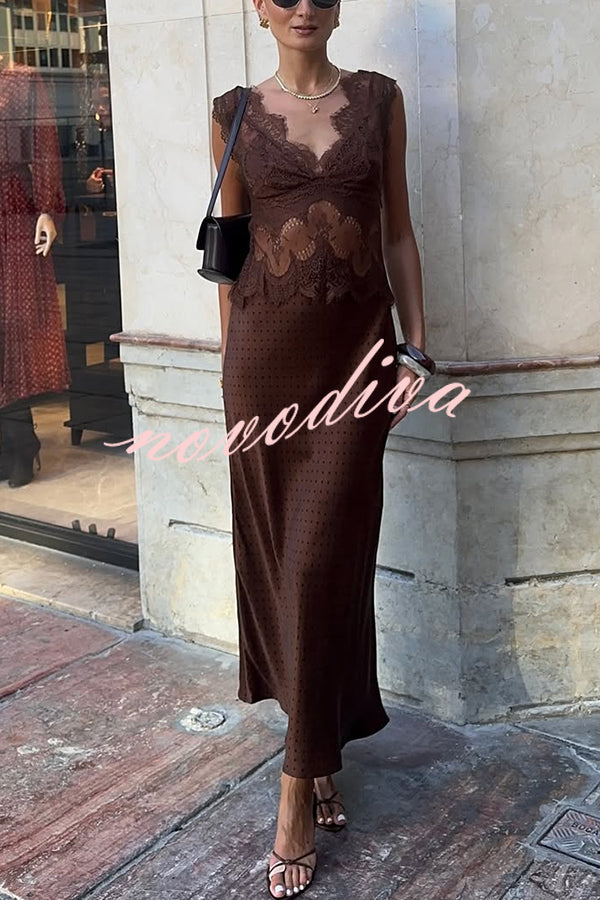 Wonderful Fusion Satin Lace Trim Poka Dot V-neck Drape Maxi Dress