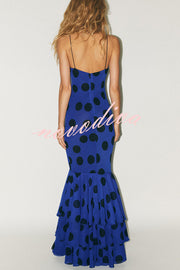 Eliora Mesh Polka Dot Print Gathered Bust Layered Fishtail Hem Maxi Dress