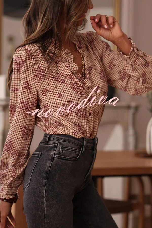 Plant Plaid Printed Long-sleeved Ruffles Casual Shirt