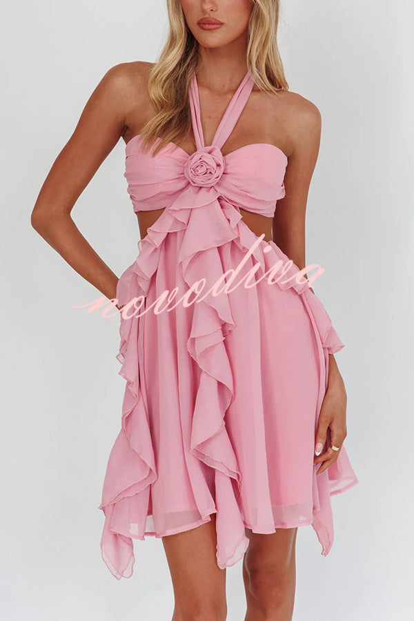 Romantic Midnight Rose Detail Cutout Ruffles Halter Mini Dress